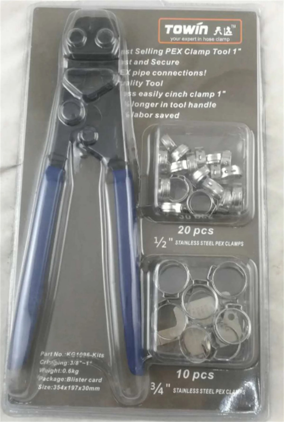 Red cloth style single ear PEX clamp tool set on a metal background.