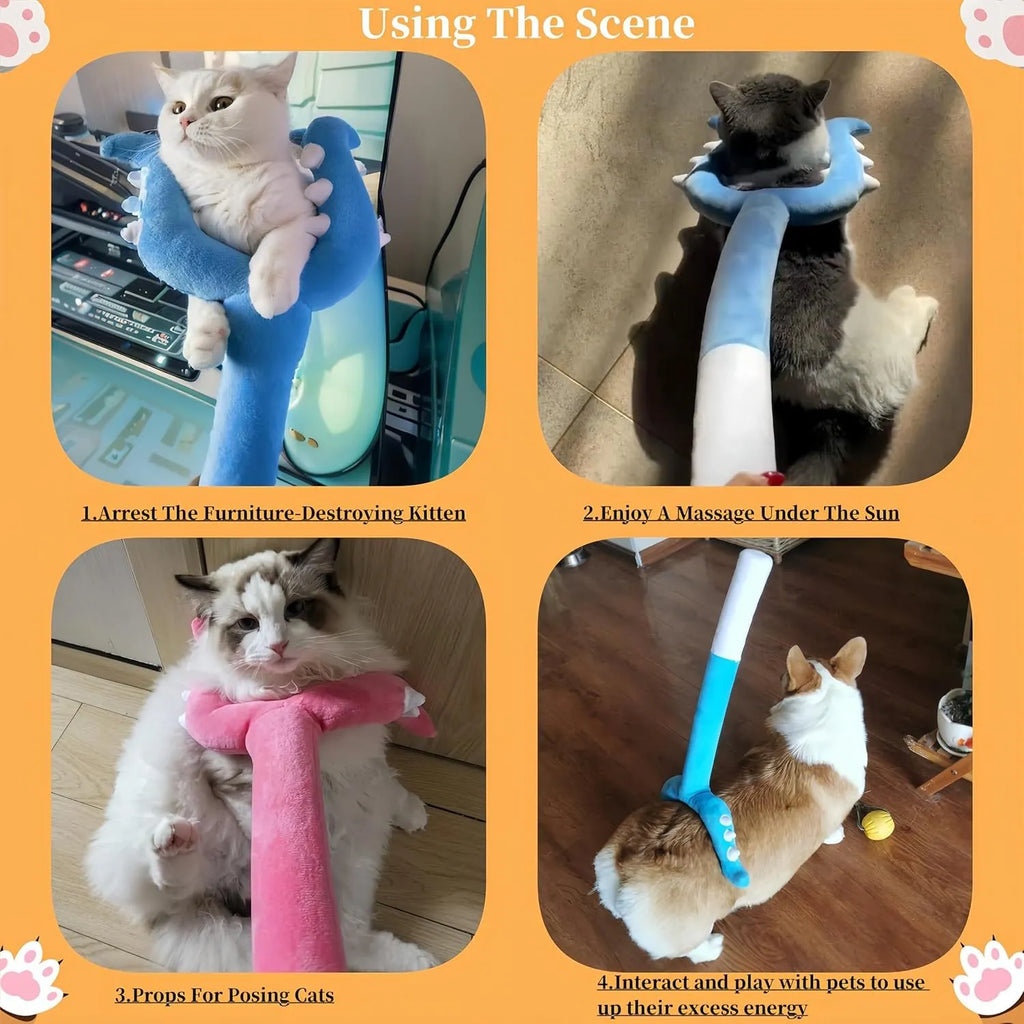 70cm blue plush cat wand toy with foam-filled front for interactive indoor play