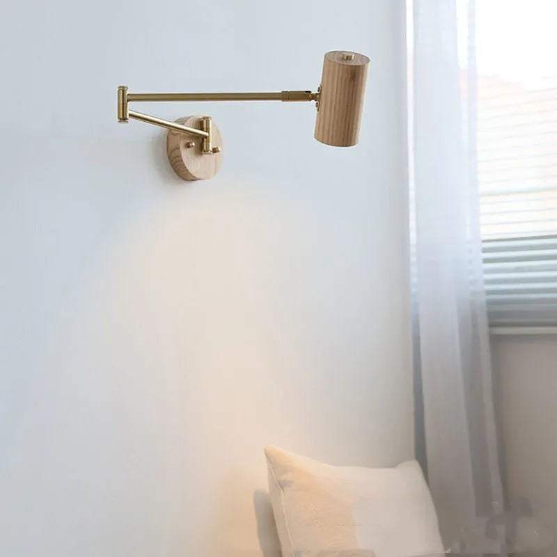 Retro wood finish wall lamp with rotating long-arm spotlight and pull switch