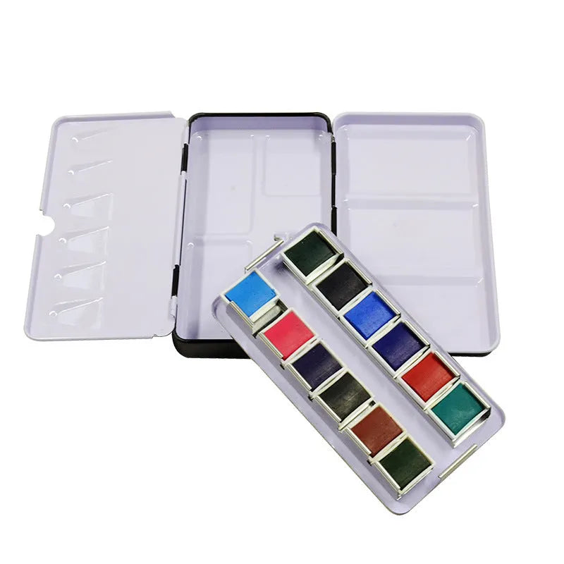 Tinplate folding watercolour paint box in three sizes with offset printed surface