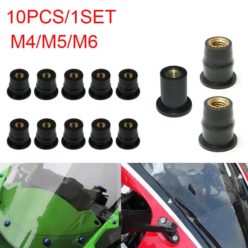 Motorcycle windshield mounting hardware black rubber well nuts with brass inserts M4 M5 M6 sizes
