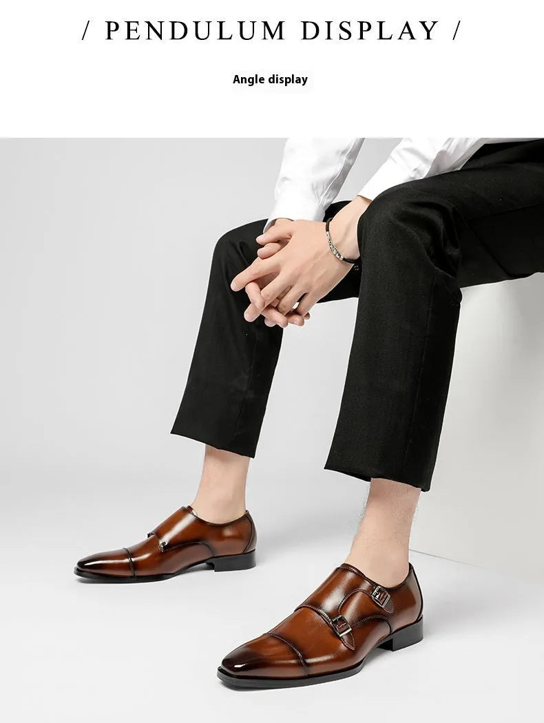 Men's black leather square-toe business shoes with metal sewn detailing and rubber sole
