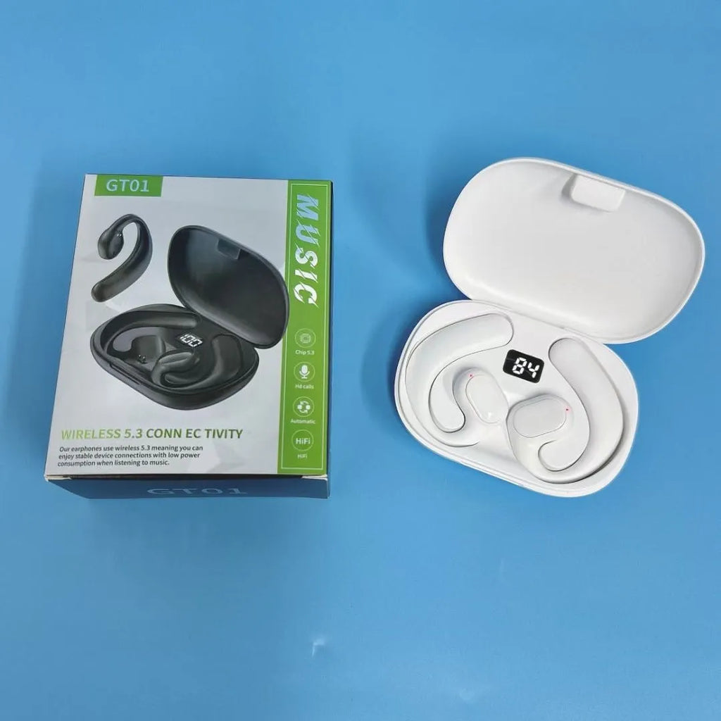 Black and white ear-mounted Bluetooth headset with digital display screen showing non in-ear design