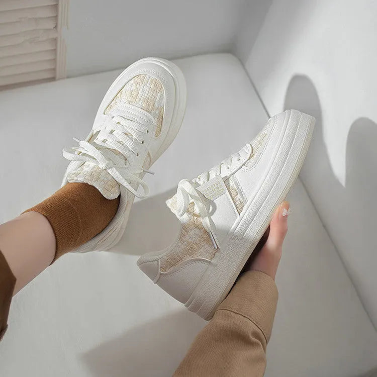 Beige plaid leisure sports shoes with a round toe and lace-up front, showing the rubber sole.