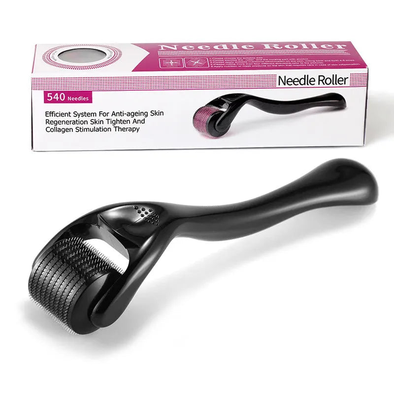 A black handled derma roller with a head containing 540 titanium microneedles, shown next to a purple handled version.