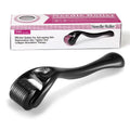 A black handled derma roller with a head containing 540 titanium microneedles, shown next to a purple handled version.