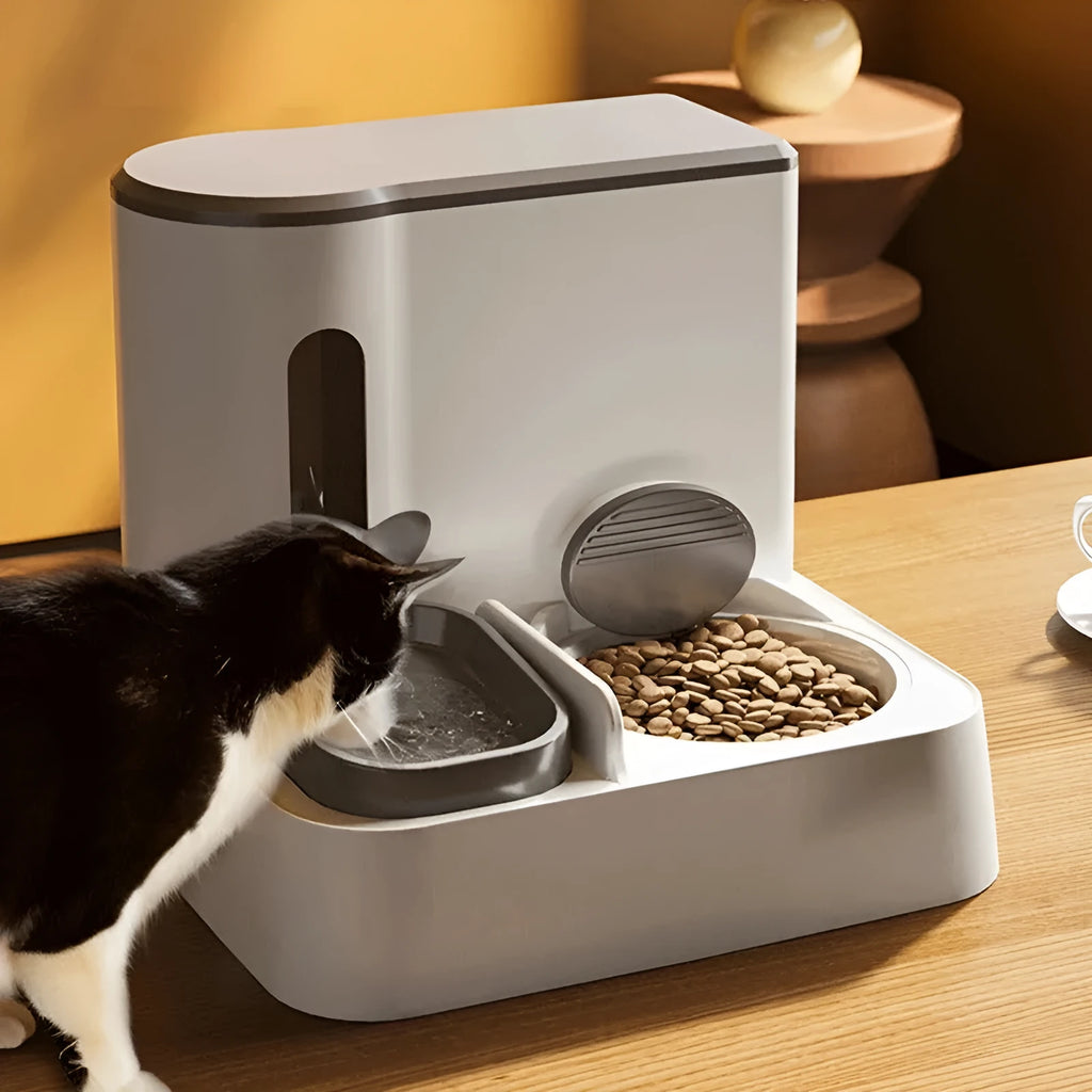 Cat automatic pet feeder water dispenser with integrated double bowl drinking fountain in grey, green or yellow colour options