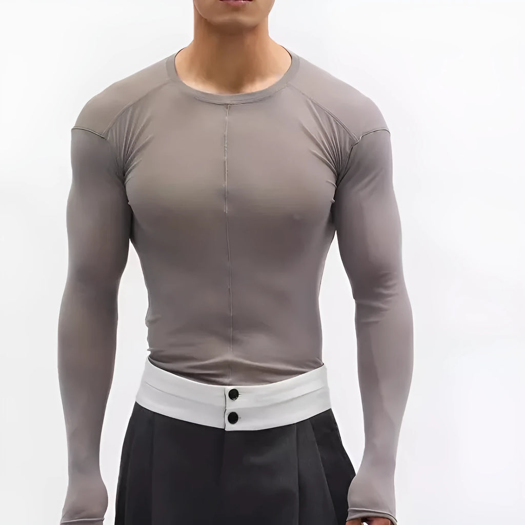 Black slim-fit mesh see-through long sleeve pullover on a model, showing texture.