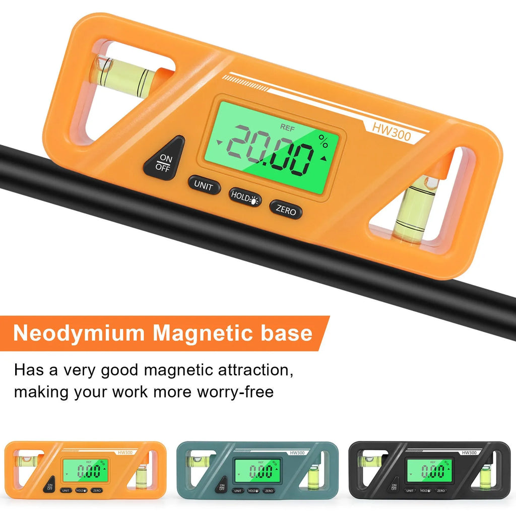 Digital magnetic inclinometer angle gauge on a metal surface, showing an angle reading on its display.