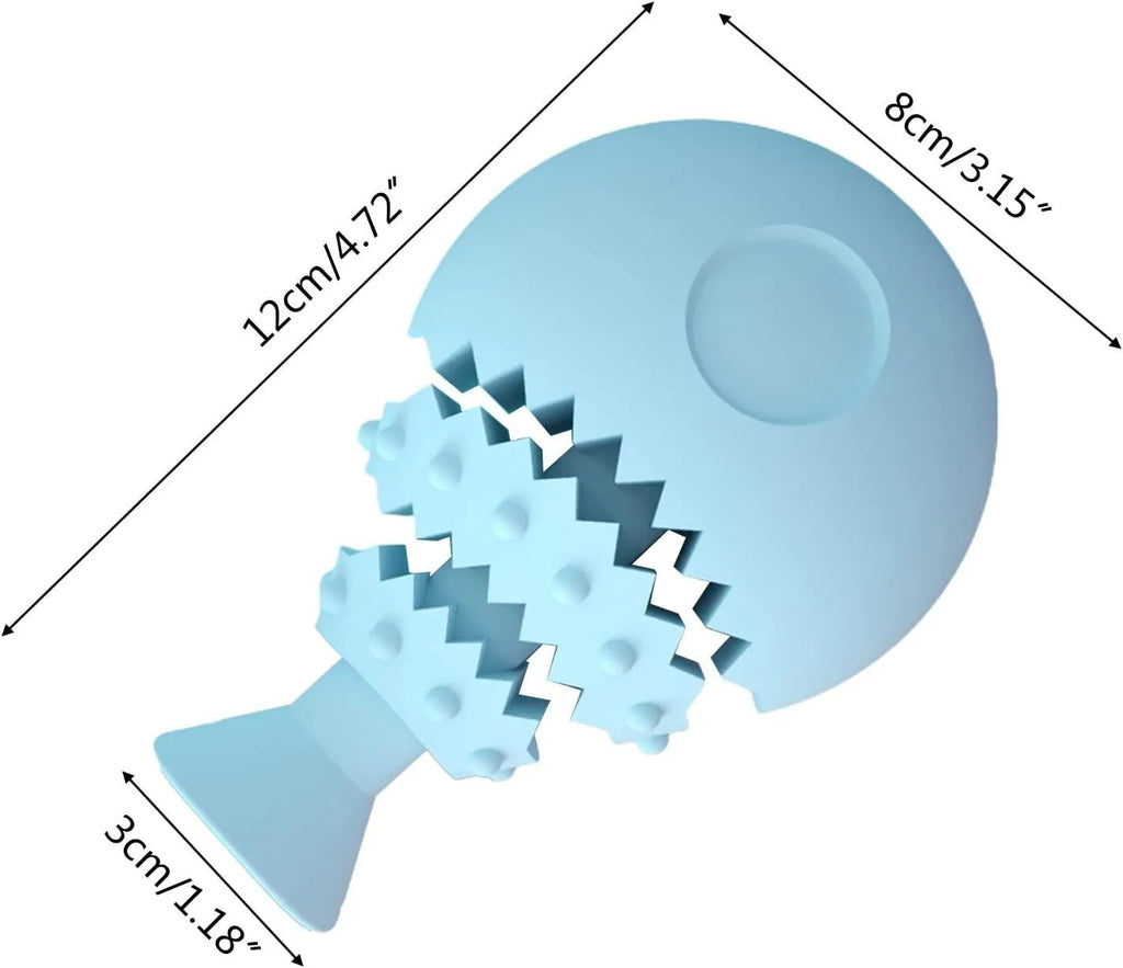 Blue fish bone shaped dog dental chew toy with hollow hole for treats
