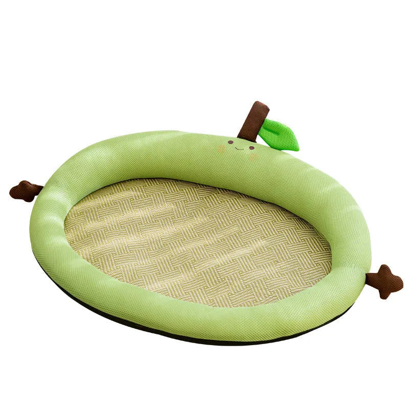Green fruit-design pet bed with raised backrest, size L shown next to a teddy dog.