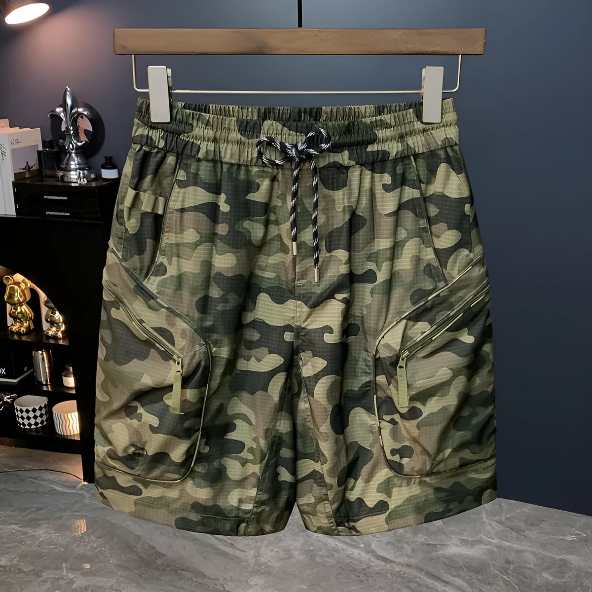 Men's loose fit camouflage cargo shorts in cotton blend fabric on white background