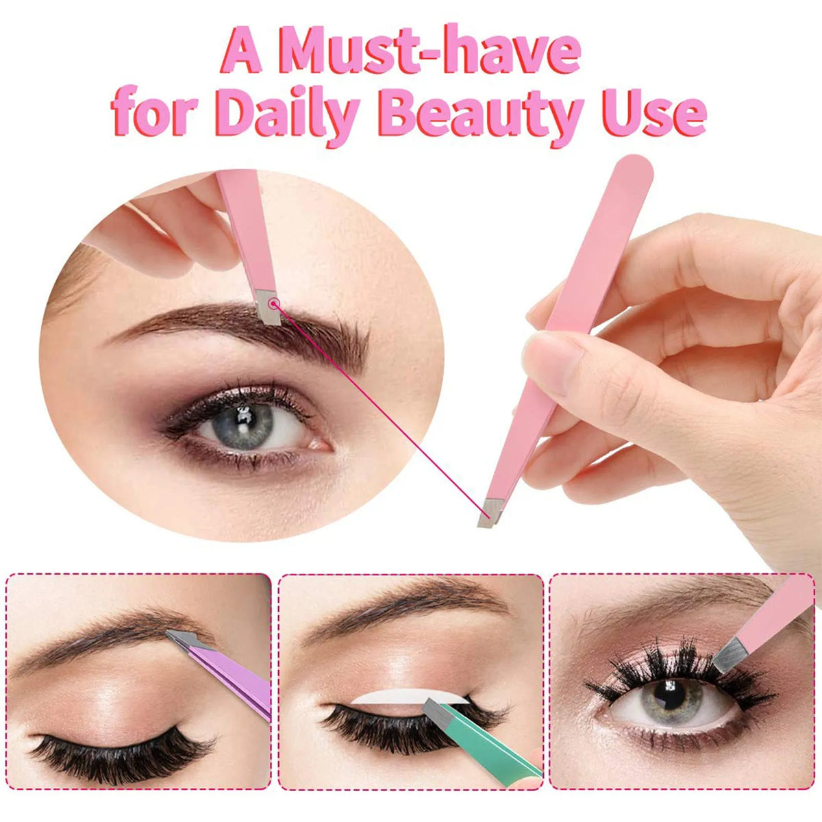 Professional 6 piece stainless steel eyebrow tweezers set with curved scissors and leather case