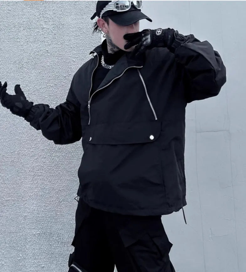 Black double zipper stand collar shell jacket in 100% polyester, men's outerwear, sizes M L XL