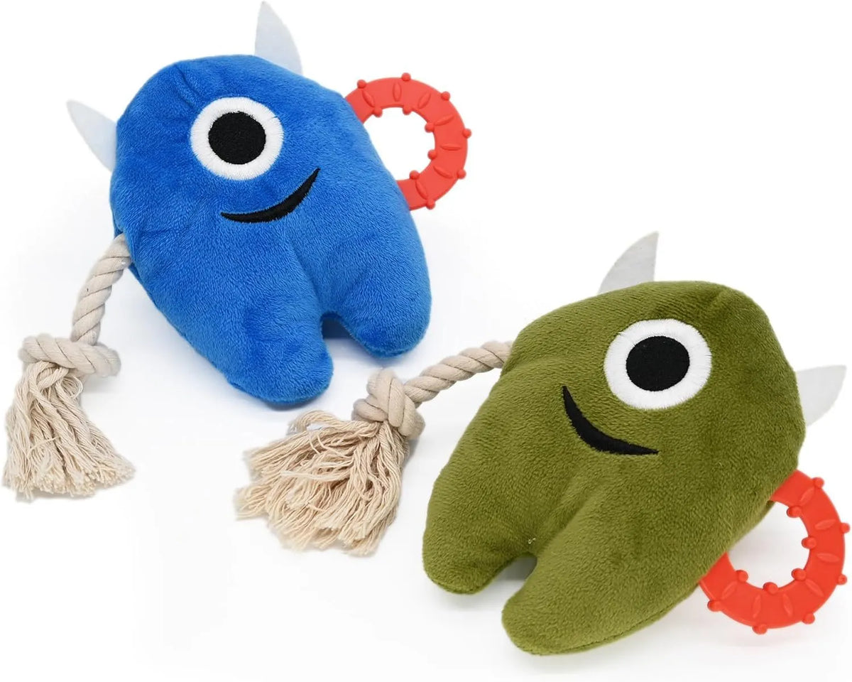 Blue and green monster-style dog toy with plush body and woven rope sections.