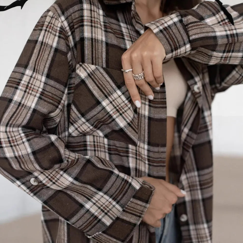 Women's dark brown striped long sleeve shirt with retro styling and collage stitching detail