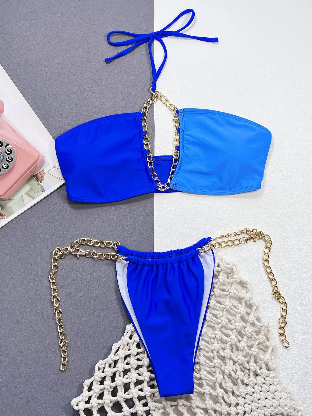Blue solid colour women's Nylon bikini swimsuit with separate top and bottom pieces