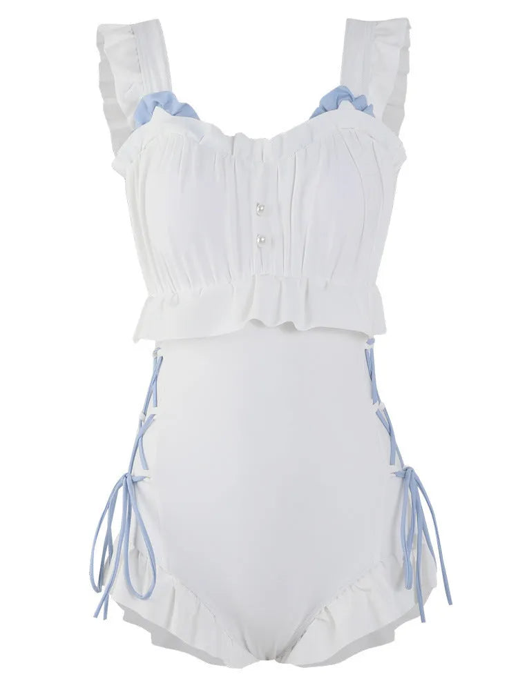 Milky White backless one-piece swimsuit for women, shown from back, made of nylon.