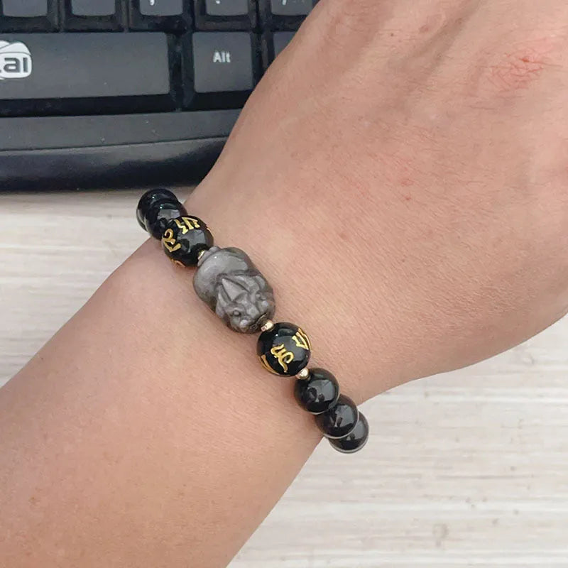 Men's silver stone bracelet with zodiac and proverb beads in Chinese style
