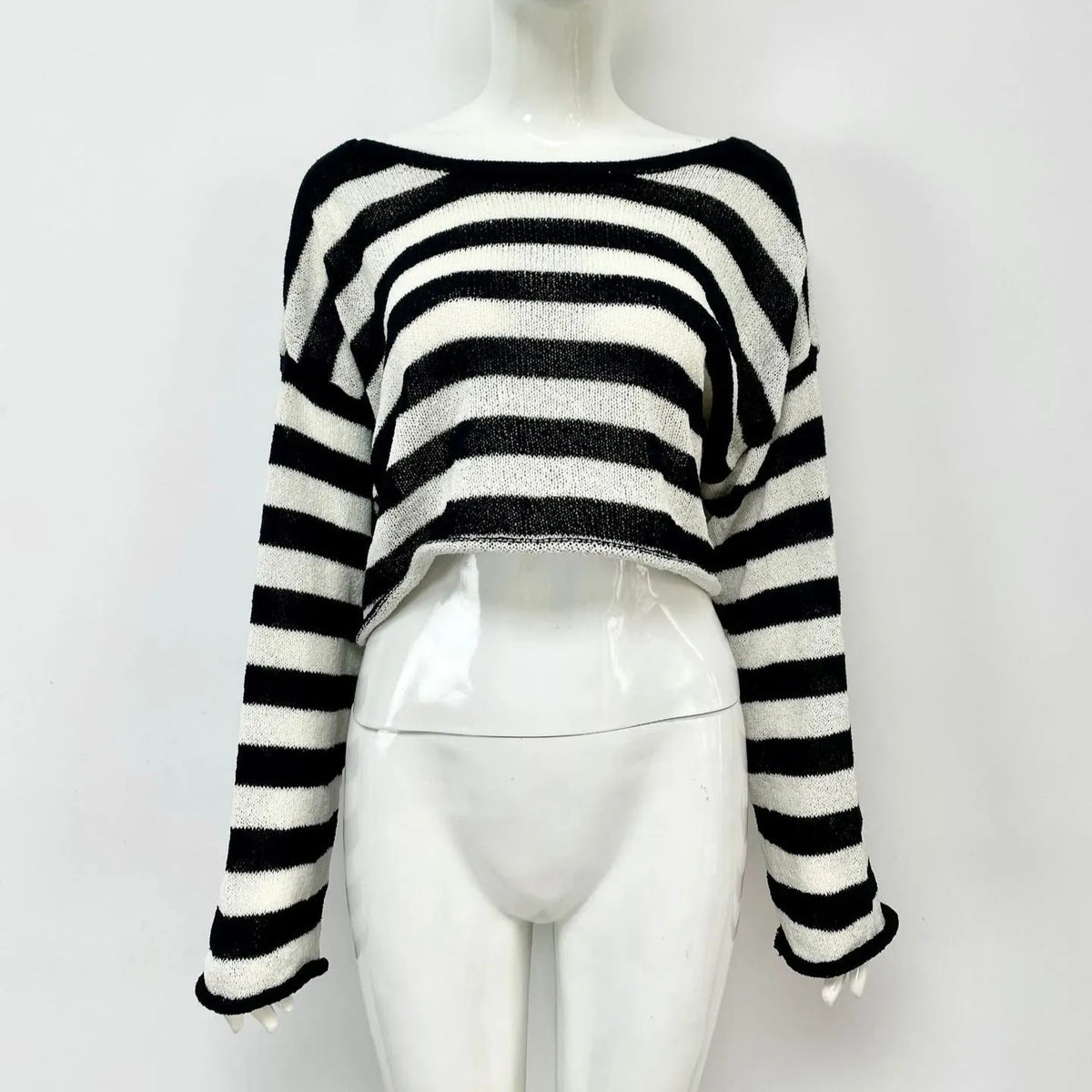 Reversible striped cropped sweater in mercerised cotton shown in blue colour.