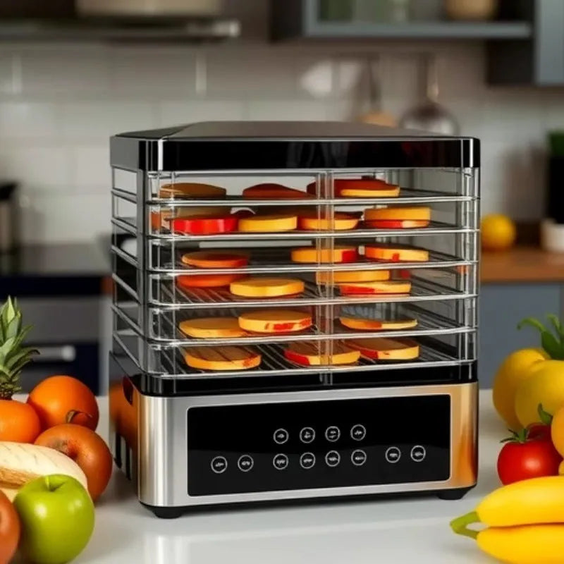 Silver stainless steel household fruit dehydrator food dryer with control panel.