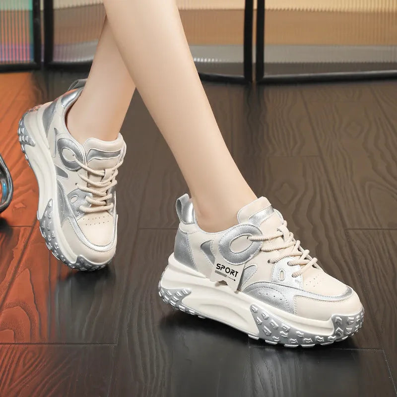 Leather sports casual shoes with thick wedge heel in multiple colour options showing front lace-up design