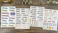 Set of printed cute-style stickers showing English letters, numbers, and weekday words on a sheet.