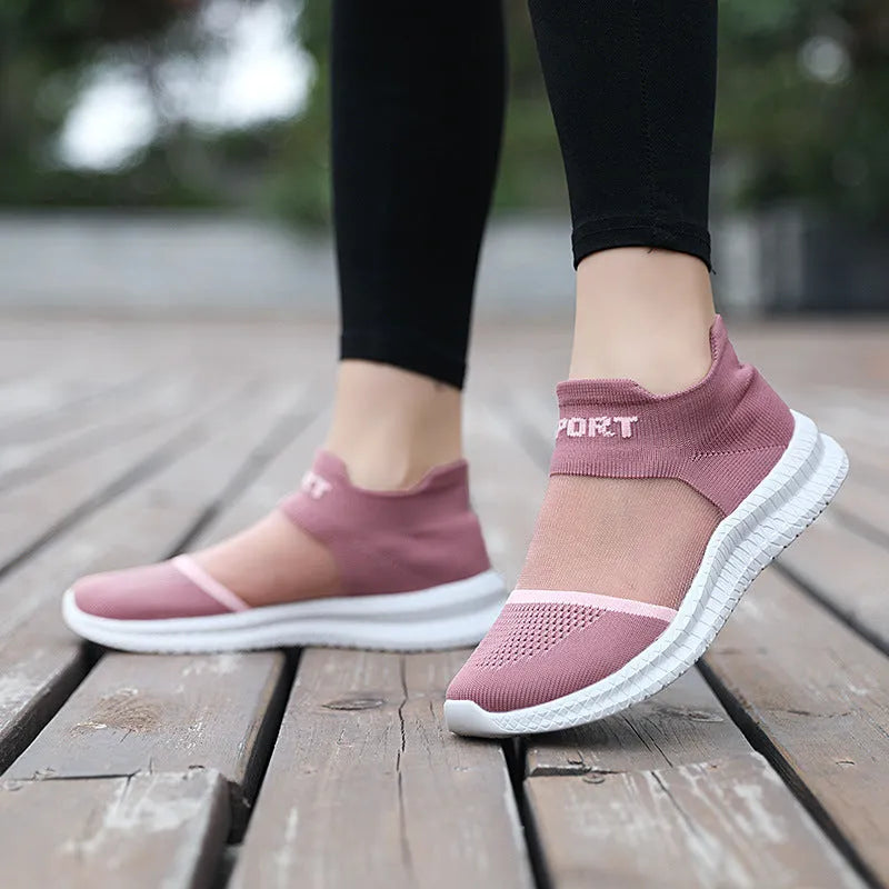 Breathable flyknit woven casual sports sock shoes in multiple colours on a white background.