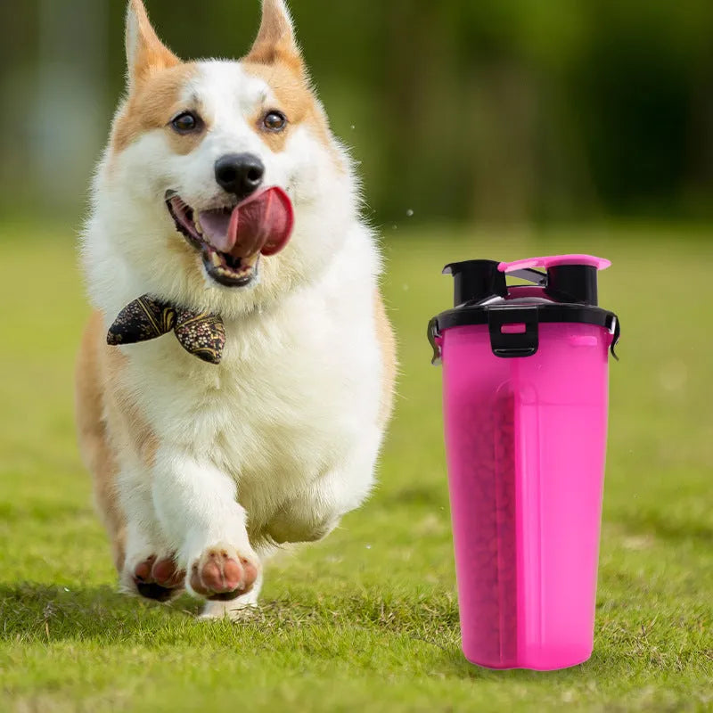 Portable pet water cup showing 350ml water bottle with 250g food container in multiple colour options