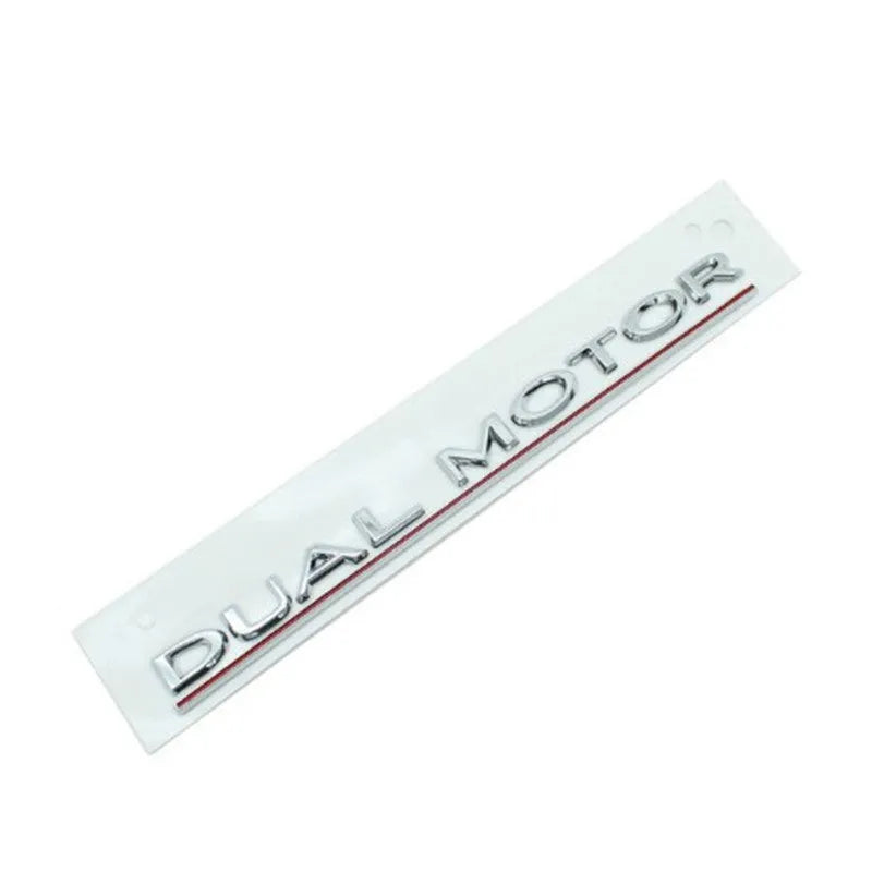 Tesla Model 3 dual motor performance badge sticker in matte black with red stripe, 19cm long.