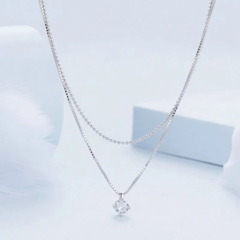 Women's S925 sterling silver double layer pearl chain necklace with shining pendant in silver colour