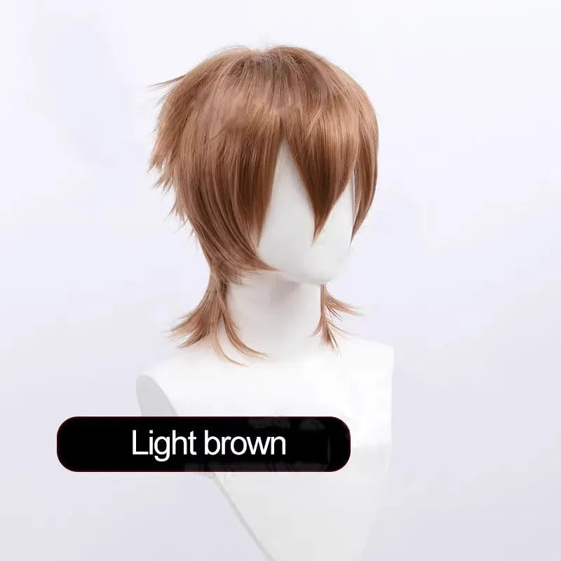 Short anime cosplay wig with a lengthened hair tail in high-temperature fibre.