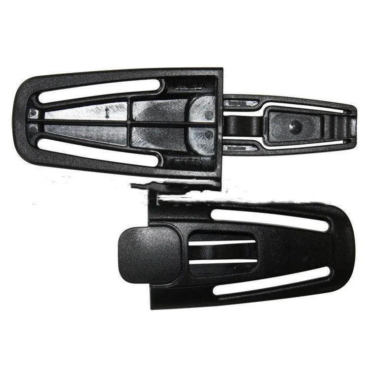 Black PA66 nylon child safety seat buckle clip for 5-point harness systems measuring 14.5cm by 4cm