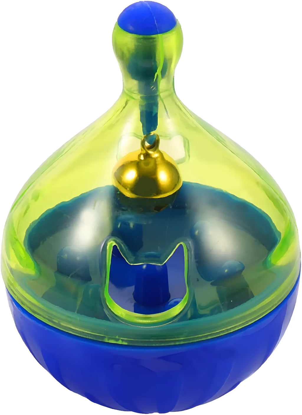 Blue and white tumbler-shaped dog and cat treat dispenser puzzle toy on a wooden floor.