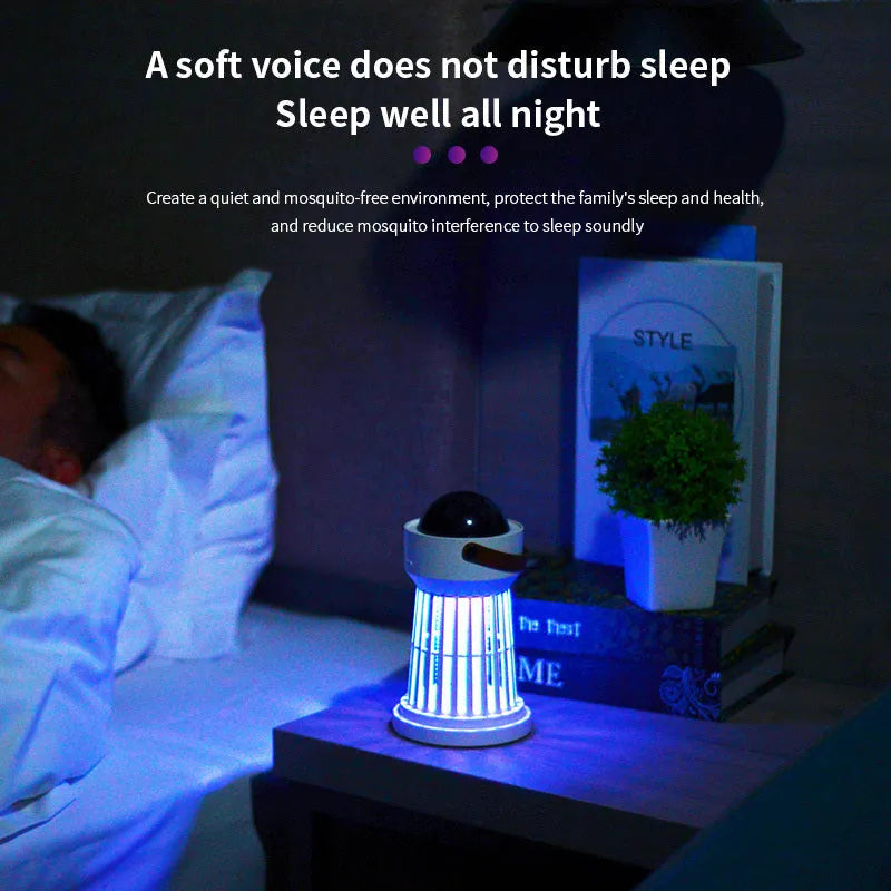 White 2 in 1 electric mosquito killer lamp with star ceiling projection, Ni-Zn-Fe mesh, ABS shell, USB rechargeable, folding handle