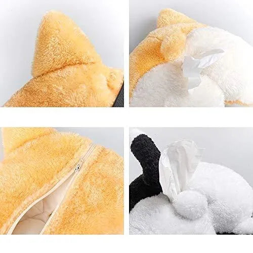 Yellow corgi butt shaped car tissue box cover hanging from a sun visor