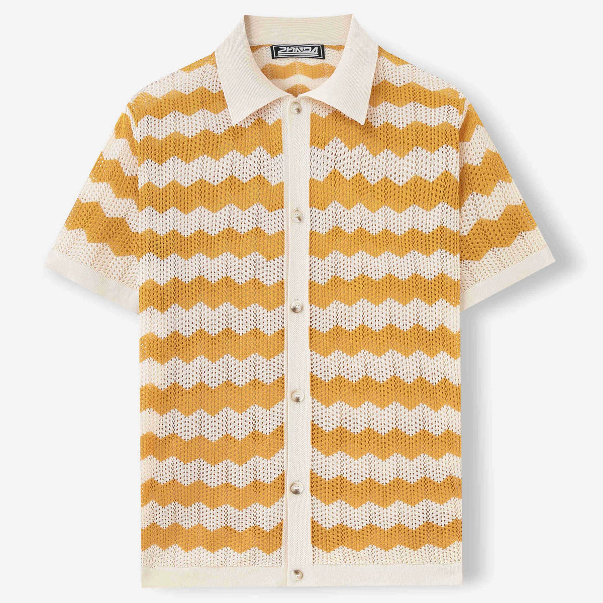 Short sleeve Tencel viscose summer sweater with hollow jacquard corrugated texture and flocking detail in blue colour