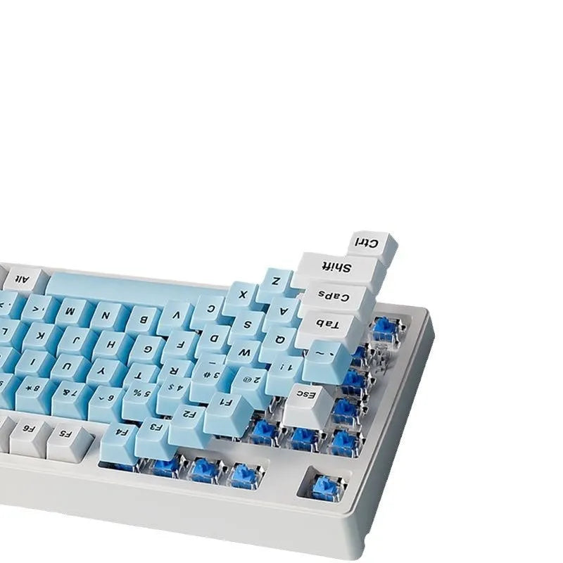 Wireless mechanical keyboard with three connection modes showing blue-white colour option and 108-key layout
