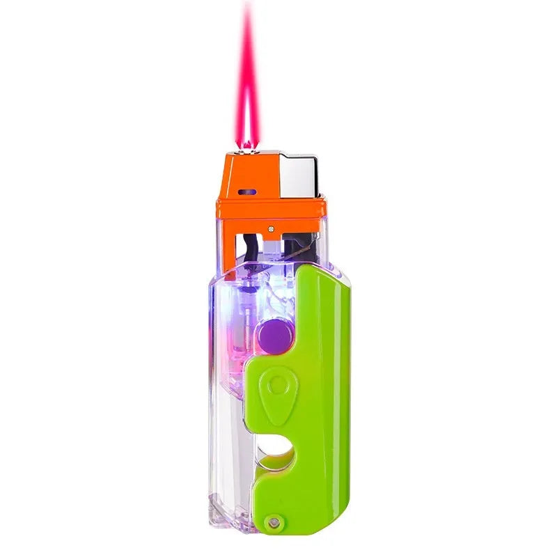 Colourful luminous radish design plastic windproof lighter in orange, purple, or green.