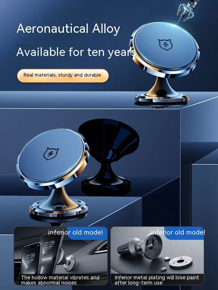 Shiny black magnetic car phone holder with alloy construction and suction cup base for dashboard mounting.