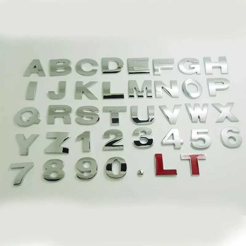 Metal zinc alloy 3D car bumper sticker showing raised English letter, approximately 2.5cm in size