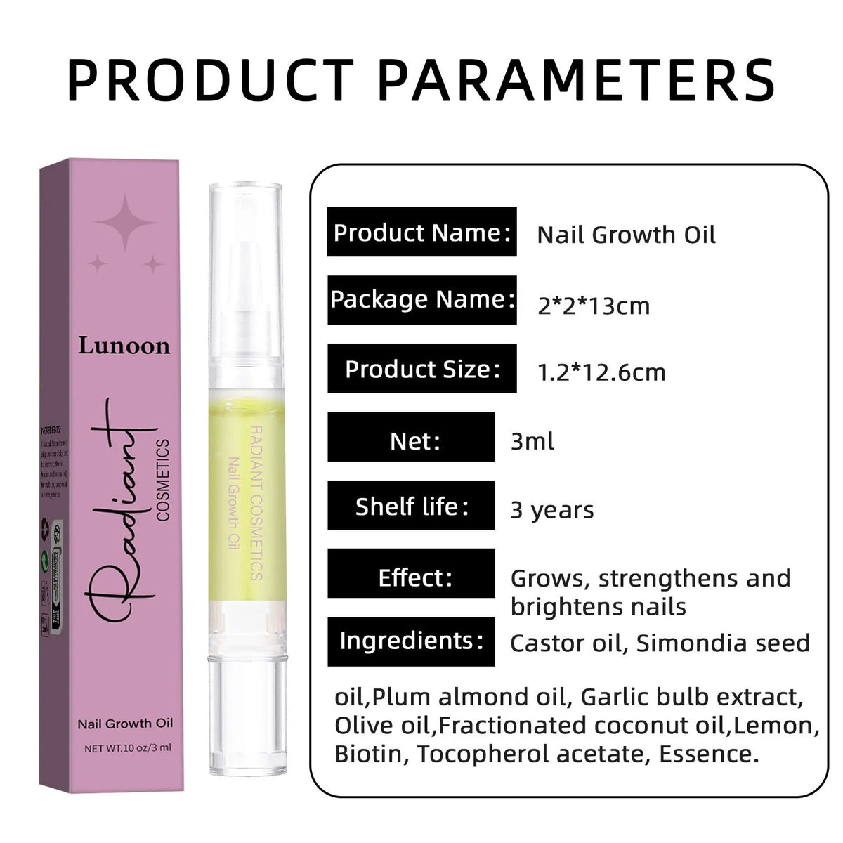 3ml bottle of clear nail growth treatment oil for cuticle care.