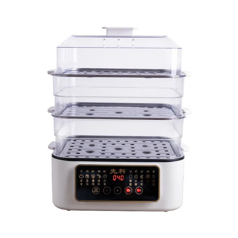 Stainless steel electric food steamer with 28-litre capacity and 800W power rating