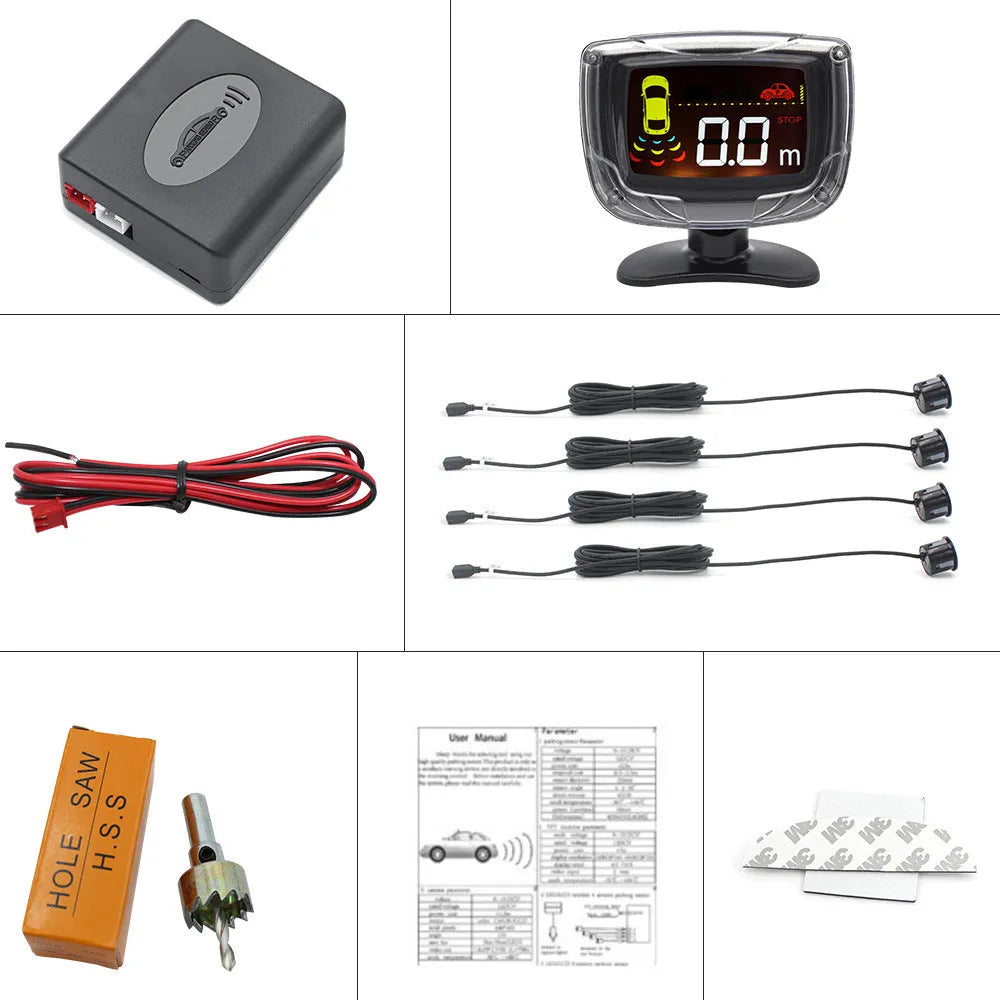 Wireless reversing sensor system with LED display and four embedded probes for vehicle parking safety