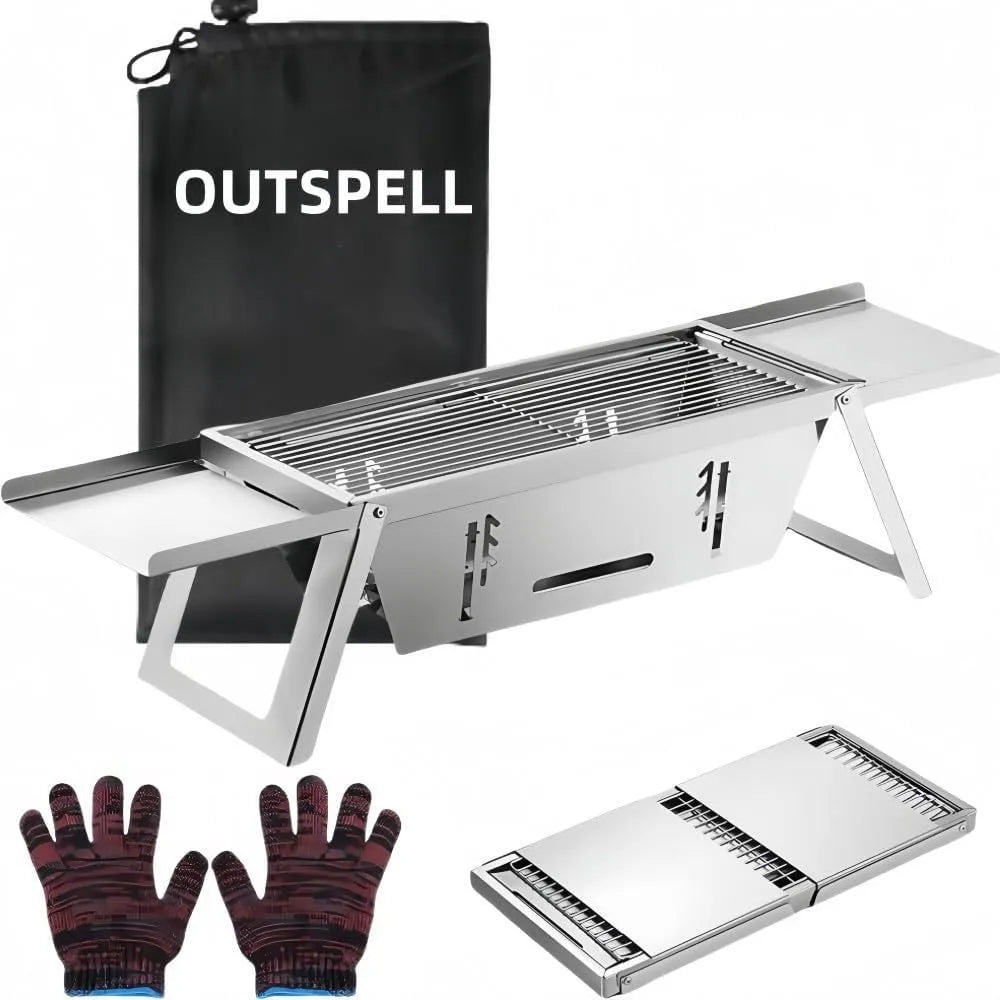 Small folding portable charcoal grill shown set up for an outdoor barbecue.