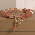 Women's freshwater pearl and strawberry quartz bracelet with zircon accents, Japanese and South Korean style