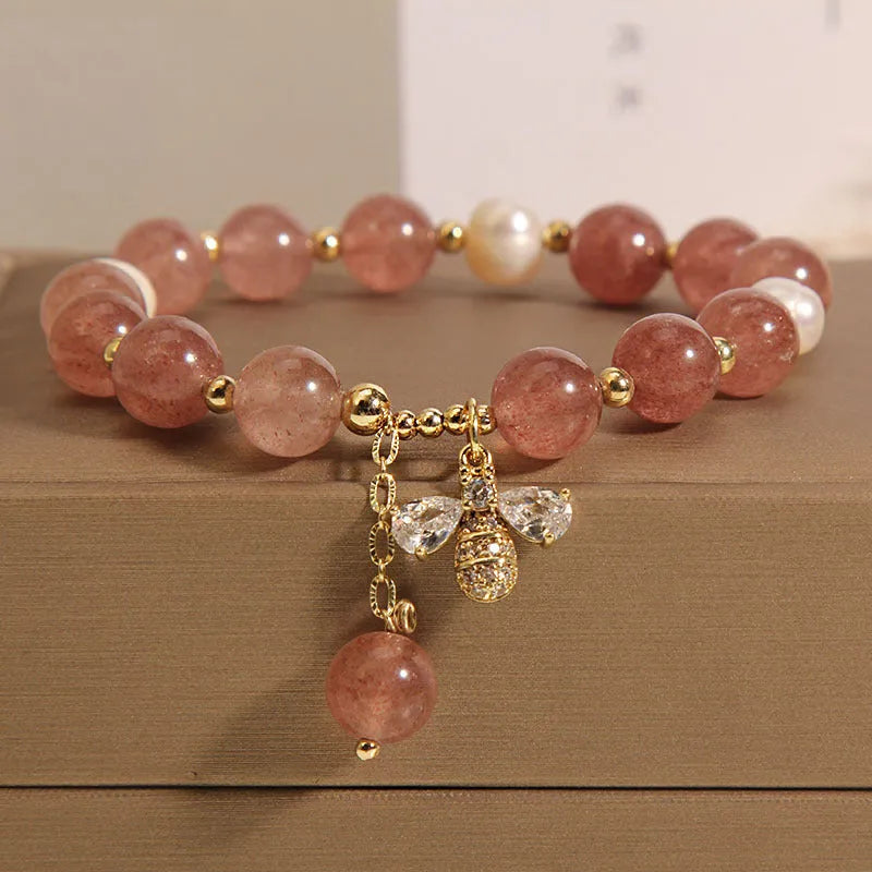 Women's freshwater pearl and strawberry quartz bracelet with zircon accents, Japanese and South Korean style