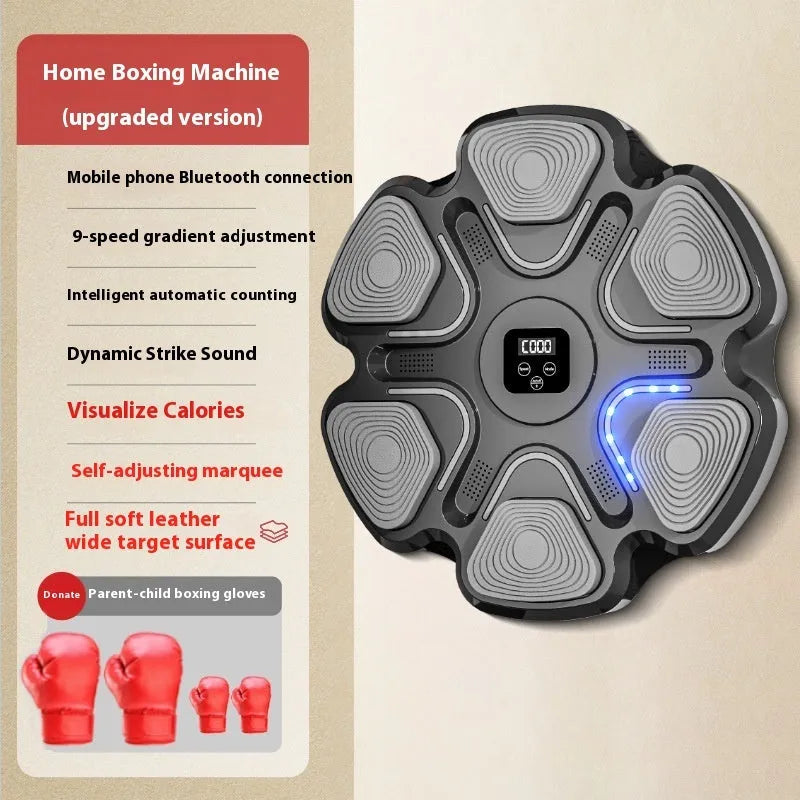 Smart music boxing machine wall target with electronic display and focus gloves on white wall.