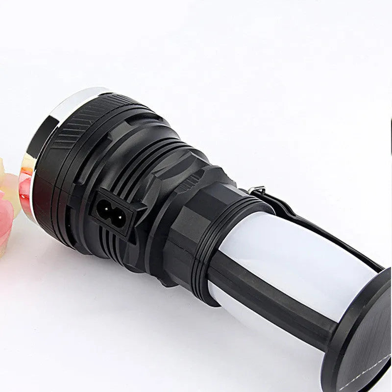 Black solar charging LED flashlight with USB outlet for emergency and outdoor use