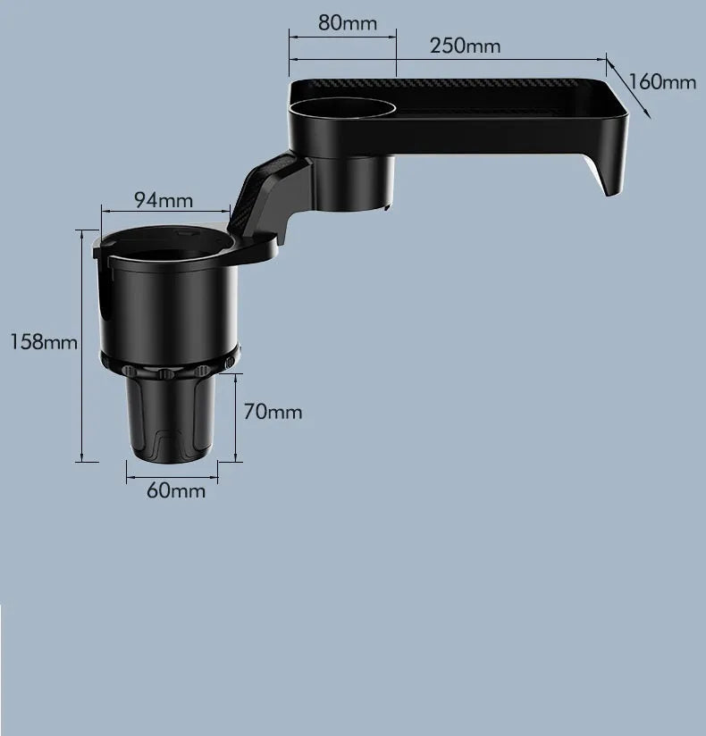 Black ABS plastic car cup holder with integrated rotating dinner tray, shown in a vehicle.